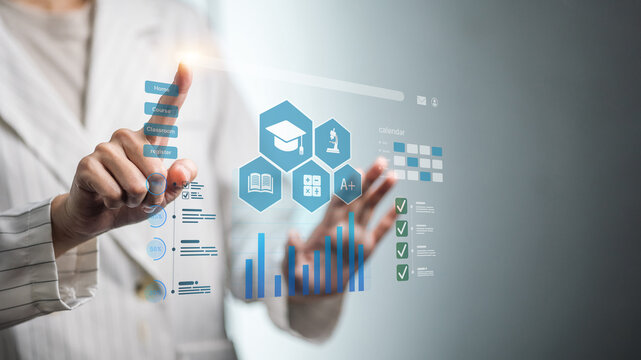 Virtual education dashboard with graduation cap icons, e-learning LMS and student analytics