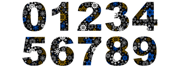 Numbers from 0 to 9 with a snow pattern, isolated on a white background.For New Year and Christmas design.
