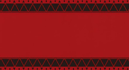 With a bold red center panel framed by black geometric triangle borders