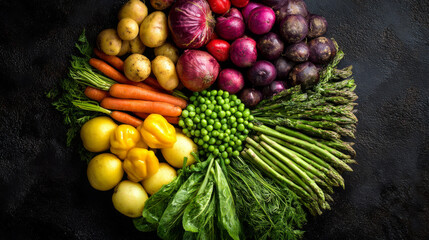 Top view of vibrant vegetables on a dark background, showcasing their natural beauty 