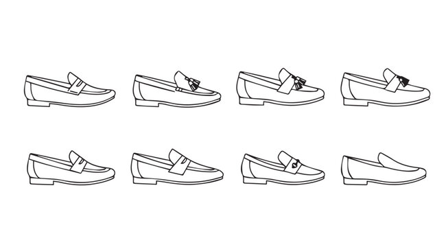 Collection of eight hand drawn sketch style loafer shoes demonstrating diverse angles and designs vector