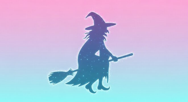 Pastel halloween witch flying on broom silhouette graphic