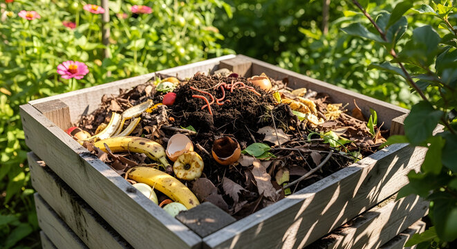 Vibrant mix of organic kitchen scraps and garden waste with earthworms actively decomposing in a wooden compost bin for rich, fertile soil - Powered by Adobe