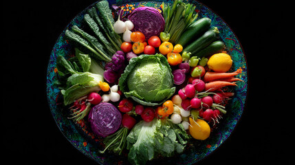 Top view of vibrant vegetables on a dark background, showcasing their natural beauty 