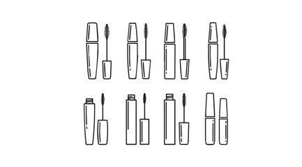 Collection of mascara product designs line art cosmetic beauty makeup packaging presentation styles vector