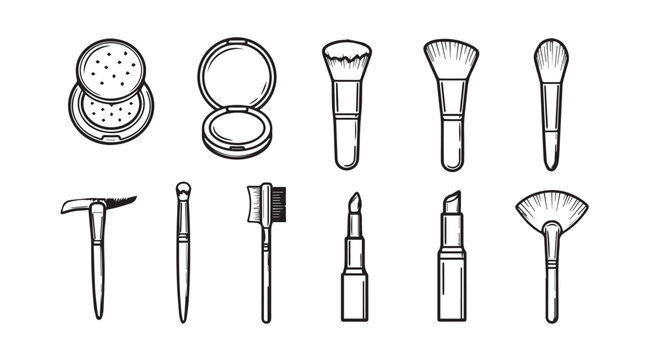 Collection of hand-drawn makeup cosmetics brushes lipstick powder puff and applicator tools vector