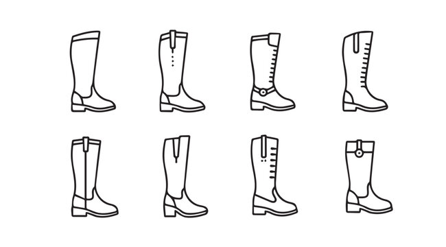 Collection of detailed equestrian riding boots in classic styles hand drawn line art vector