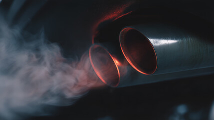 Metallic exhaust pipes release dense white smoke with reddish glow inside. A dramatic capture of combustion, emissions, and environmental impact in automotive engineering.