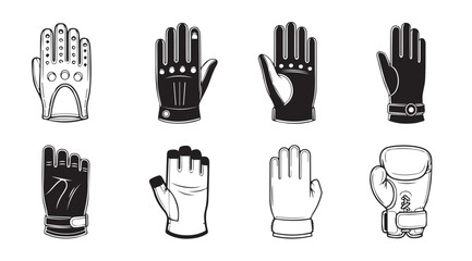 Collection of diverse hand gloves and mittens isolated line art and solid icons vector