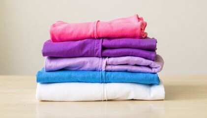 Zen of Laundry Organized Cycles of Purity and Calm A minimalist composition of perfectly folded, pastel colored clothes stacked in neat pyramids on a clean, light wooden surface. A single, elegant