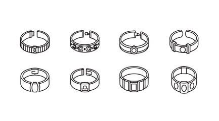 Collection of eight detailed hand-drawn style ring clips and fasteners for industrial applications vector