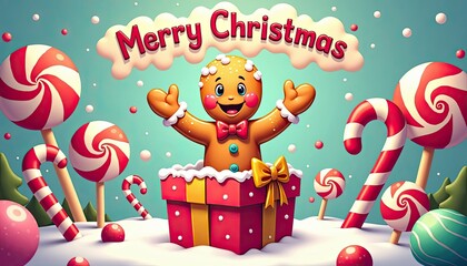 Naklejka premium A cheerful gingerbread man pops out of a gift box surrounded by festive candy canes and lollipops, with merry christmas text in the, creating a sweet holiday scene