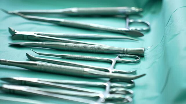 Surgical instruments: stainless steel medical tools, scissors, and forceps for surgery, healthcare, and medical procedures in a sterile environment.