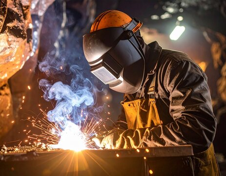 Cinematic HDR Welding Scene with Glowing Sparks Underground
