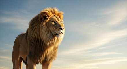 Obraz premium Majestic lion portrait with golden mane against blue sky