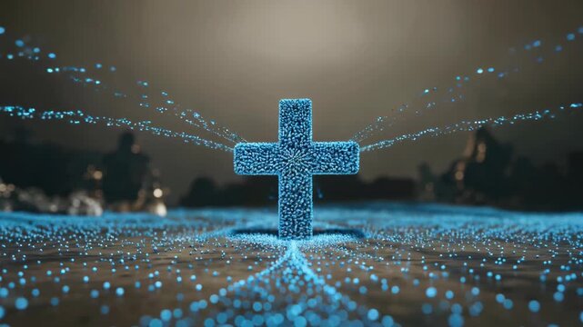 a cross made of sparkling blue lights on a dark background