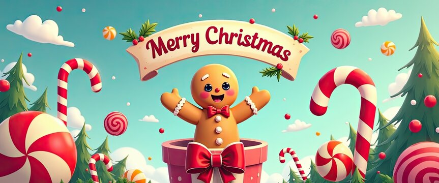 Cute gingerbread man with a red bow in a gift box, surrounded by candy canes, lollipops, and christmas trees, with a merry christmas banner, festive holiday illustration