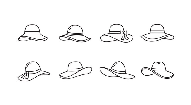 Collection of hand drawn elegant wide brim summer hats for women fashion style outlines vector