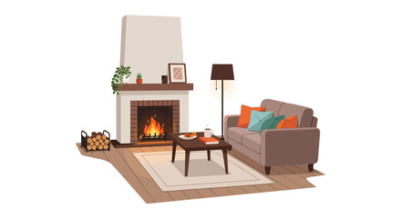 Cozy Living Room Illustration with Fireplace, Sofa, Rug, Lamp, and Coffee Table