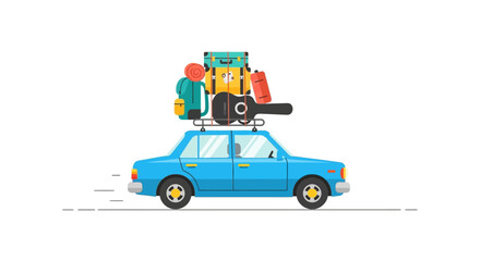 Bright blue car overloaded with travel luggage on its roof, ready for an exciting summer road trip adventure across the open highway, a perfect symbol of vacation and freedom