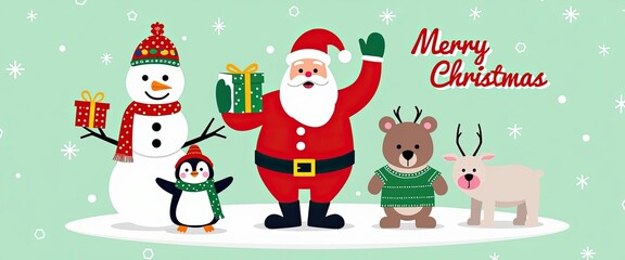 Merry christmas greeting with santa claus, snowman, penguin, bear, and reindeer surrounded by snow and festive elements, perfect for holiday cards and decorations