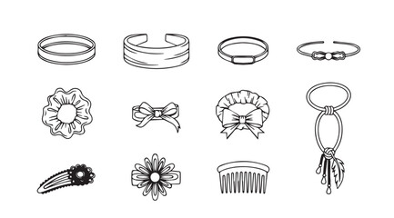Collection of delicate hand-drawn hair accessories and jewelry for fashionable styling vector