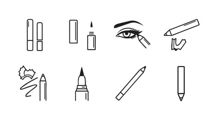 Hand drawn sketch icons set for eyeliner makeup application tools beauty cosmetic products vector