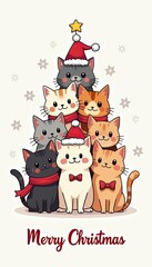 Obraz premium Cute cartoon cats forming a christmas tree shape, wearing santa hats and scarves, with snowflakes and a star on top, wishing merry christmas, on white