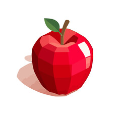 Geometric, lowpoly red apple with green leaf and stem, casting soft shadow on transparent, representing stylized fruit or healthy food concept
