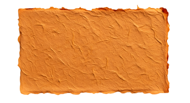 A rough orange handmade paper texture with visible fibers and natural imperfections isolated on a white background