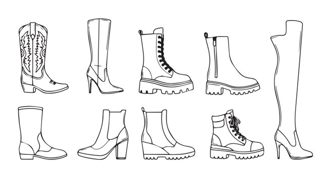 Collection of diverse boot styles hand drawn sketch line art fashion footwear vector