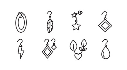 Set of eight hand-drawn artistic jewelry icons representing earrings with diverse stylish designs vector