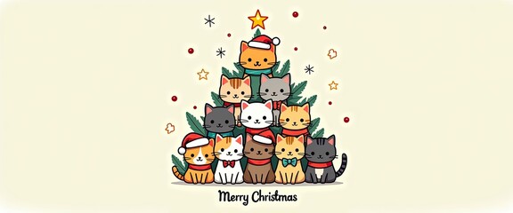 Fototapeta premium Cute cartoon cats forming a christmas tree shape with festive decorations and a merry christmas greeting, perfect for holiday cards and seasonal designs