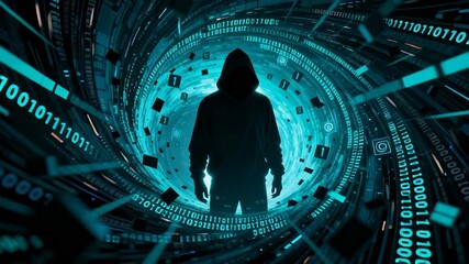 Hooded figure standing in futuristic digital tunnel with binary code and circular data visualization. Seamless loop animation exploring cybercrime and digital privacy themes. - Powered by Adobe