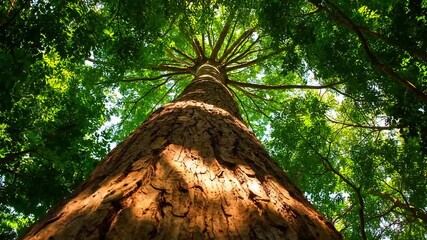 Low-angle view up a tree trunk with textured bark to lush green canopy. Sunlight streams down - Powered by Adobe