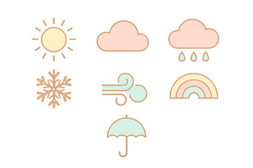 Minimalist collection of weather icons in soft pastel colors showing sun, cloud, rain, snow, wind, and rainbow
