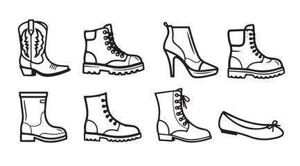 Collection of diverse footwear styles featuring boots and flat shoes rendered in outline art vector