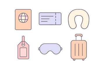 Essential travel accessories set including passport, boarding pass, luggage, neck pillow, and eye mask