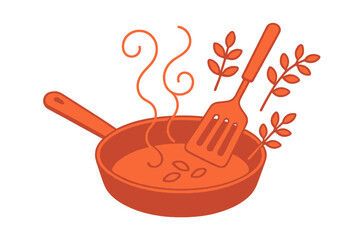 Hot frying pan with cooking food, spatula, and aromatic herbs for meal preparation
