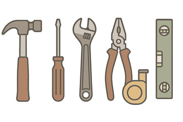 Set of essential construction and repair hand tools: hammer, screwdriver, wrench, pliers, tape measure, level