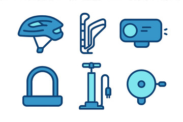 Set of essential cycling accessories icons: safety helmet, air pump, security lock, water bottle cage, action camera, and bell
