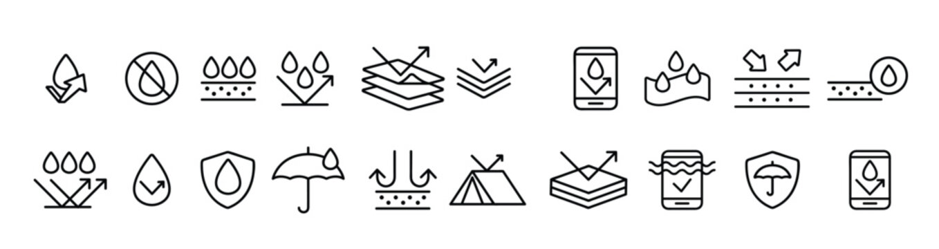 waterproof water resistant materials vector linear icons set