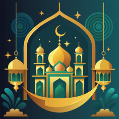 Golden Mosque Illustration,Islamic Lanterns and Crescent Moon for Ramadan Kareem or Eid Mubarak,,Ramadan and Eid Mubarak Background