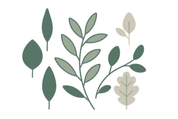 Stylized botanical leaves and branches collection in earthy green and beige colors