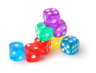 Many colorful game dices on white background