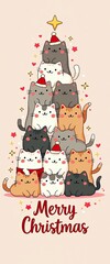 Fototapeta premium Tree made of stacked cartoon cats in Santa hats, festive decorations, joyful holiday message.