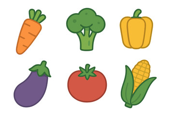 Six colorful vegetable icons: carrot, broccoli, bell pepper, eggplant, tomato, and corn