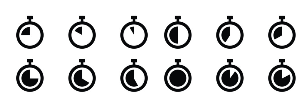 stopwatch icon in different style vector illustration. two colored and black stopwatch vector icons designed in filled, outline, line and stroke style can be used for web, mobile, ui