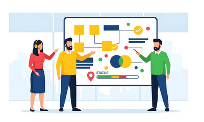 Dynamic team collaborating on project status updates with workflow diagrams, fostering innovation and strategic alignment, driving business growth forward
