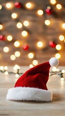 Fototapeta premium Red Santa hat with white trim rests on a wooden surface with soft bokeh lights